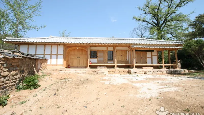 단층 온돌 보일러와 자연목 인테리어를 갖춘 단독 펜션동
