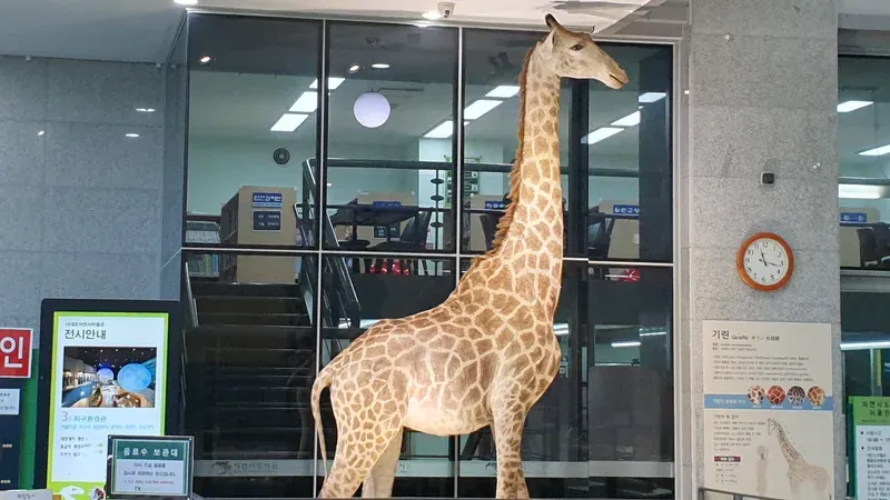 중앙홀 천장에 매달린 향유고래 모형과 기린 박제 관람 통로