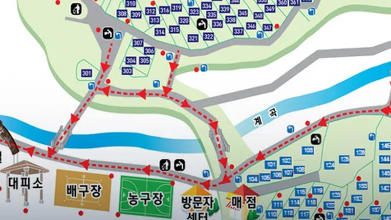 서울대공원 캠핑장 구역별 배치도 및 전동카트/방문자센터 동선 안내