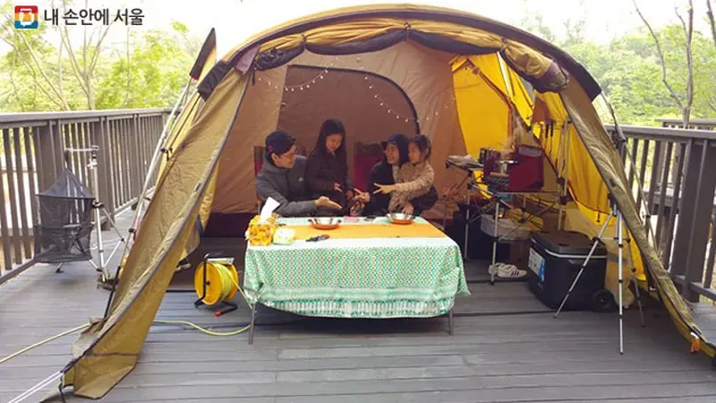 경사면을 활용한 테라스형 데크와 사이트별 주차 공간