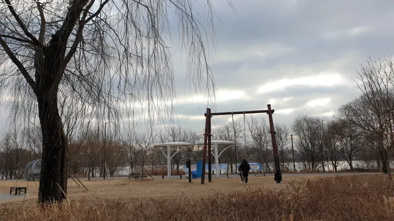 수변 산책로를 따라 마련되어 아이와 함께 강바람을 맞으며 쉬어가는 대형 야외 그네